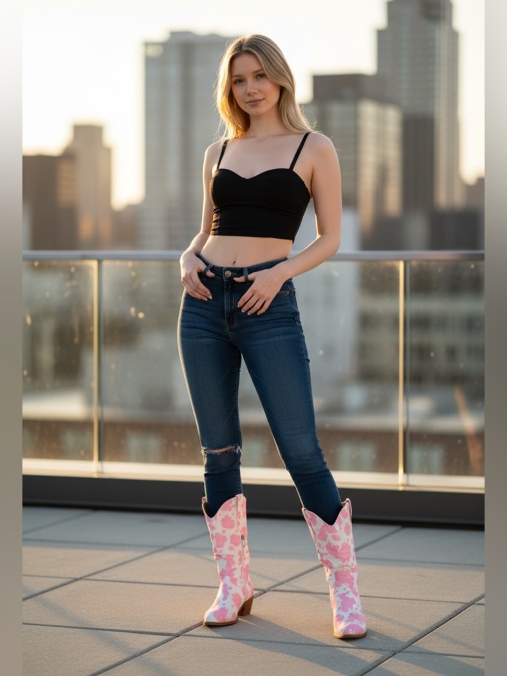Pink & White Splash Mid-Calf Heeled Boots